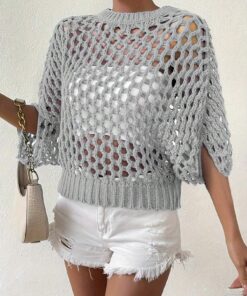 SHEIN Essnce Women's Solid Color Round Neck Batwing Sleeve Hollow Out Loose Casual Sweater