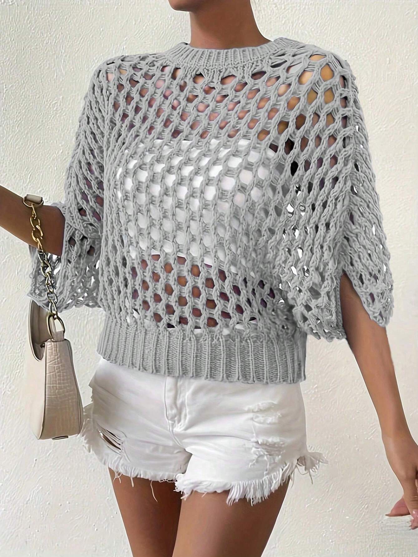 SHEIN Essnce Women's Solid Color Round Neck Batwing Sleeve Hollow Out Loose Casual Sweater