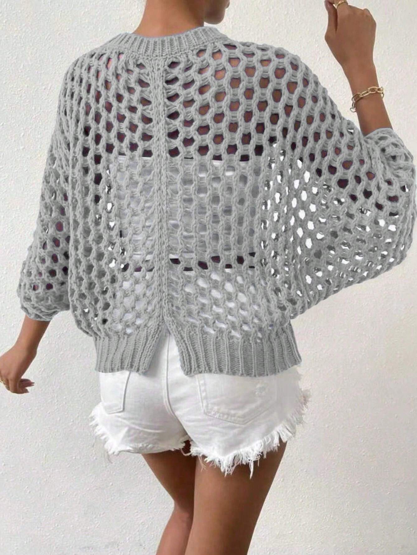 SHEIN Essnce Women's Solid Color Round Neck Batwing Sleeve Hollow Out Loose Casual Sweater - Image 2