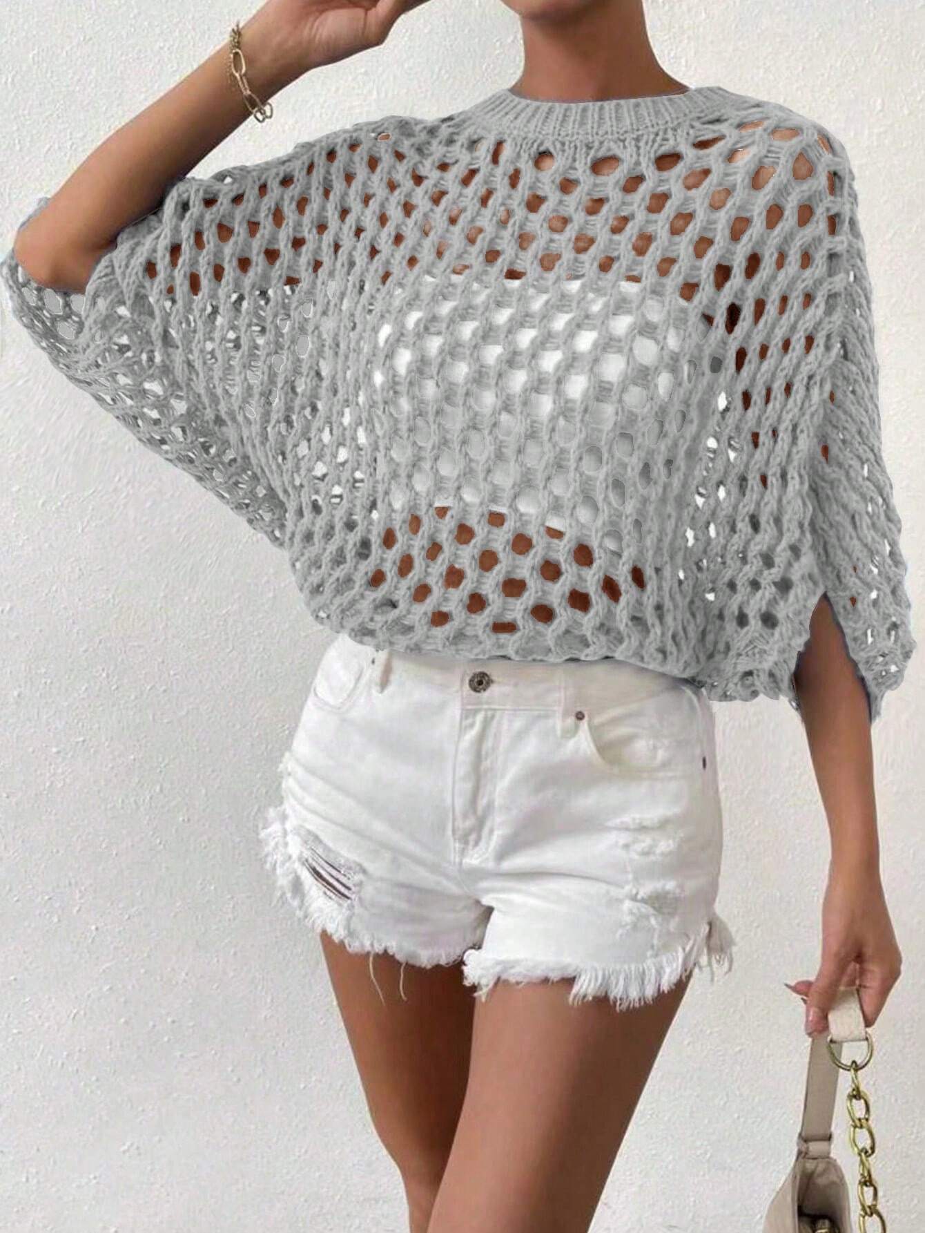 SHEIN Essnce Women's Solid Color Round Neck Batwing Sleeve Hollow Out Loose Casual Sweater - Image 3