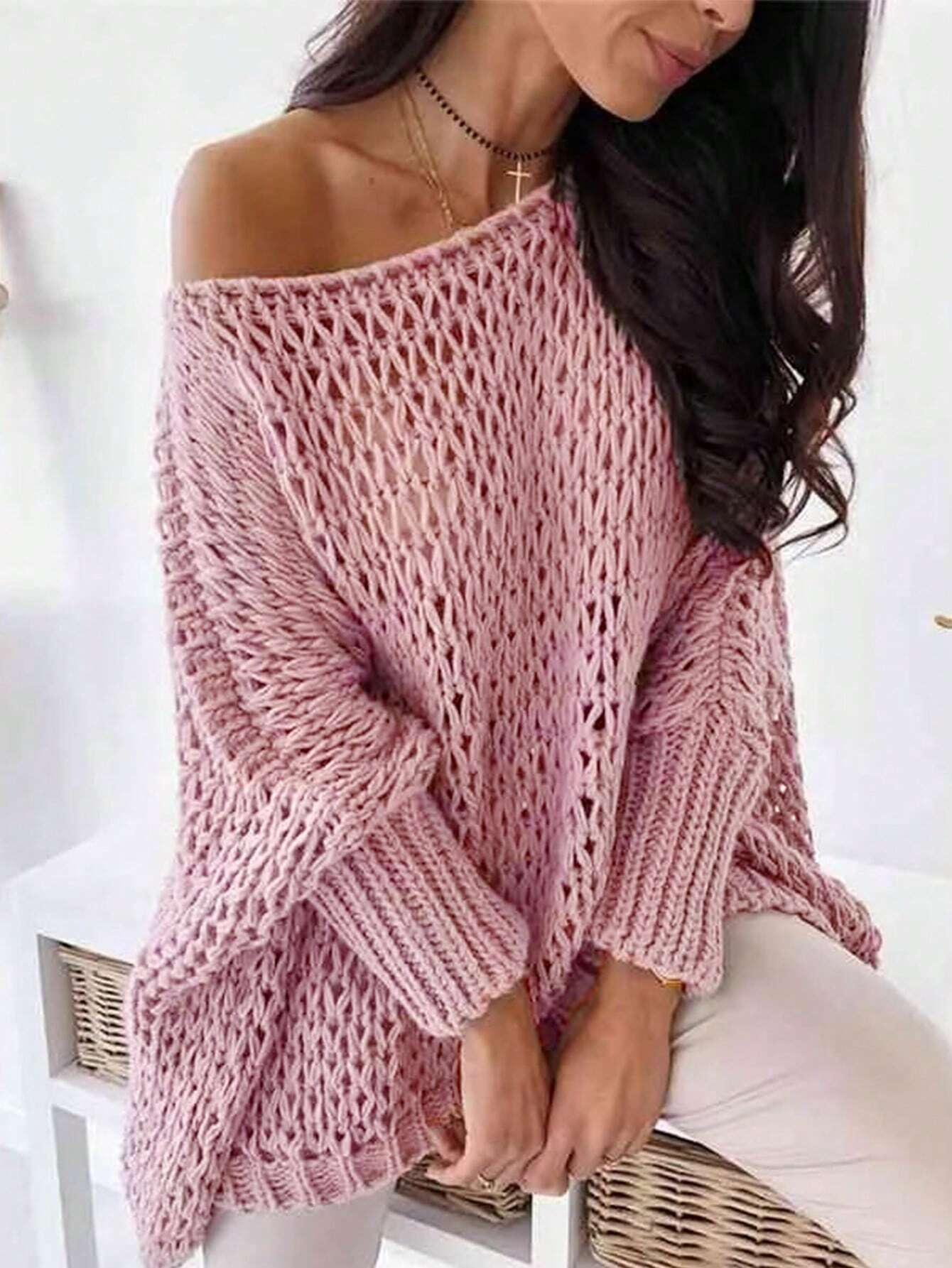 SHEIN Frenchy Women's Solid Color Simple Casual Hollow Out Long Sleeve Sweater