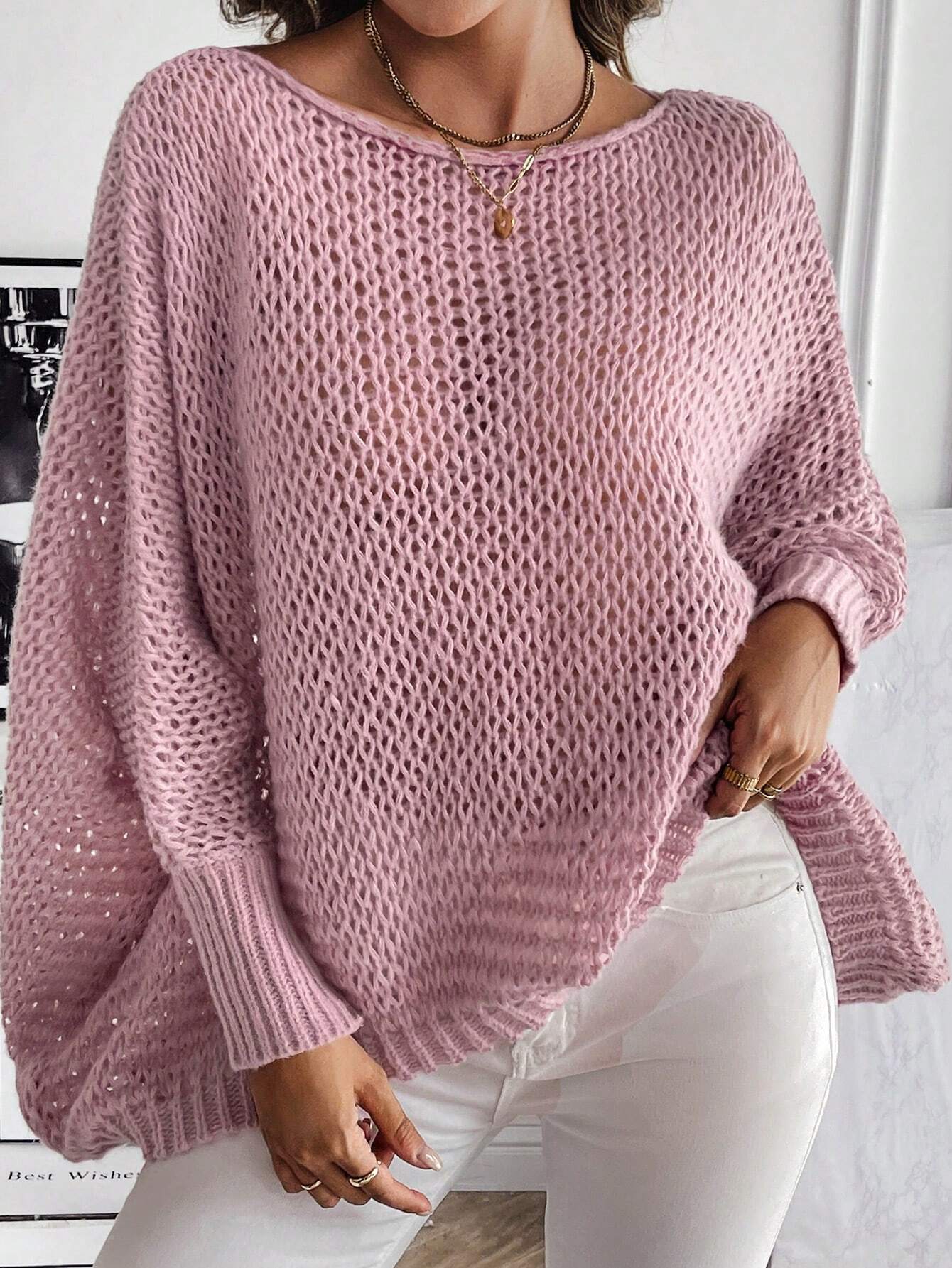 SHEIN Frenchy Women's Solid Color Simple Casual Hollow Out Long Sleeve Sweater - Image 3