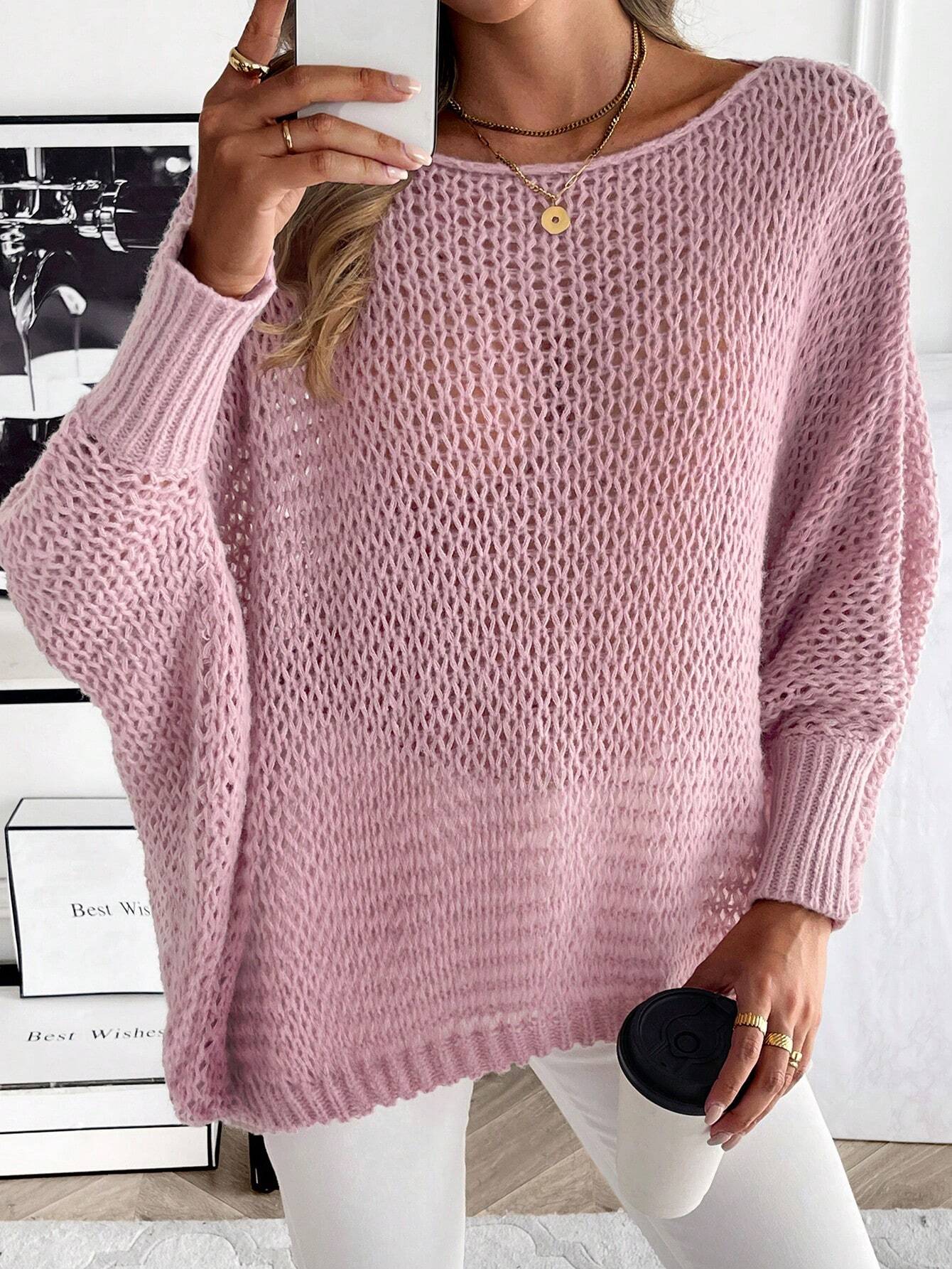 SHEIN Frenchy Women's Solid Color Simple Casual Hollow Out Long Sleeve Sweater - Image 4
