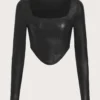 SHEIN ICON Deep Neck Asymmetrical Hem Faux Leather Crop T-Shirt