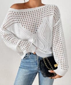 SHEIN LUNE Women's Solid Color Scoop Neck Sheer Casual Long Sleeve Pullover Sweater Top