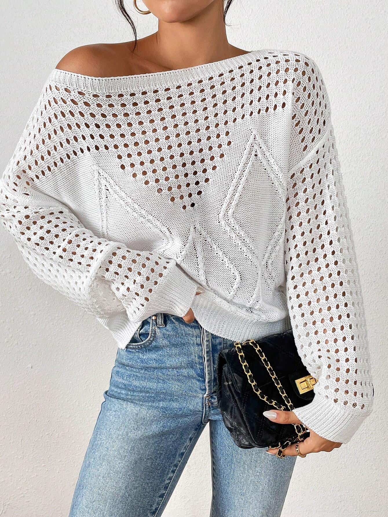 SHEIN LUNE Women's Solid Color Scoop Neck Sheer Casual Long Sleeve Pullover Sweater Top