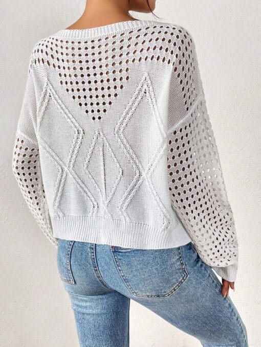 SHEIN LUNE Women's Solid Color Scoop Neck Sheer Casual Long Sleeve Pullover Sweater Top - Image 2