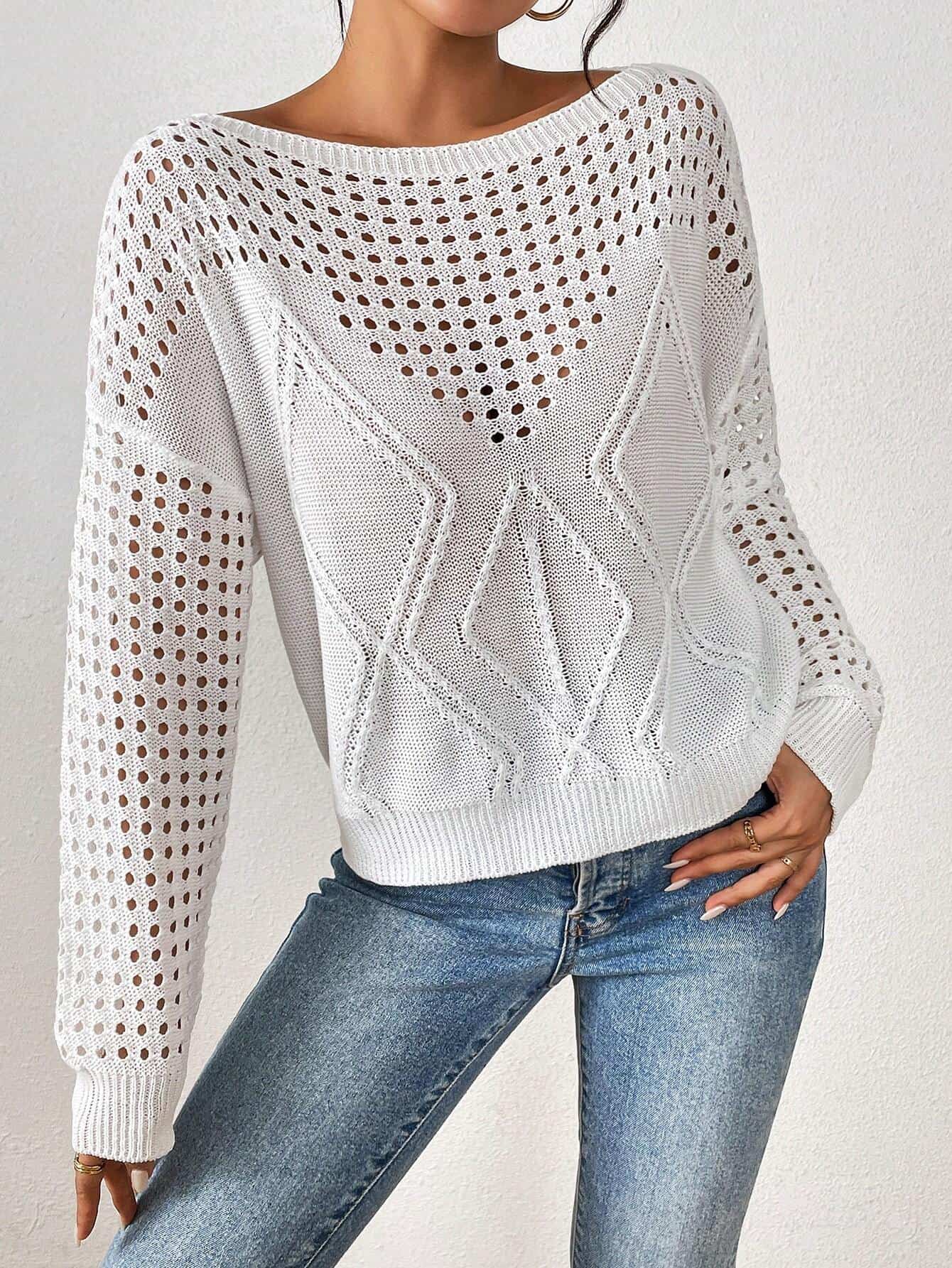 SHEIN LUNE Women's Solid Color Scoop Neck Sheer Casual Long Sleeve Pullover Sweater Top - Image 3