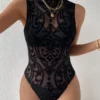 SHEIN Privé Baroque Print Mock Neck Bodysuit Without Lingerie Set
