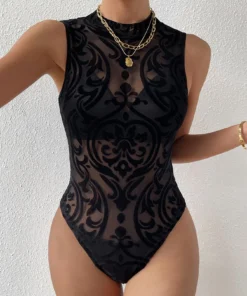 SHEIN Privé Baroque Print Mock Neck Bodysuit Without Lingerie Set