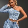 SHEIN SXY One Shoulder Denim Jacket, Frayed Edge & Pocket Design