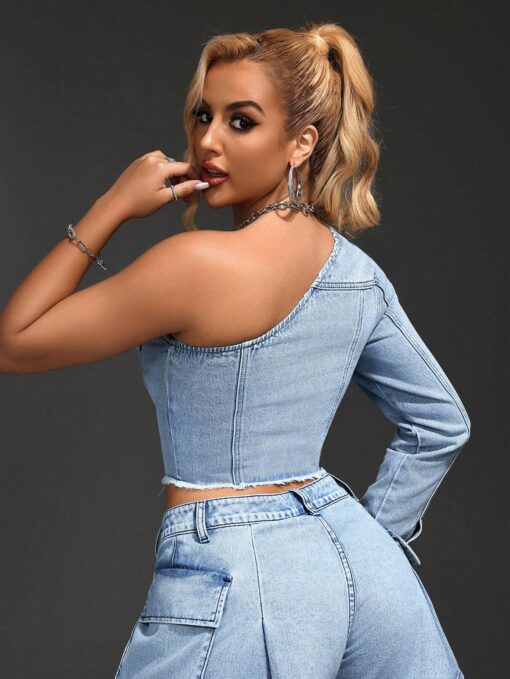 SHEIN SXY One Shoulder Denim Jacket, Frayed Edge & Pocket Design - Image 2