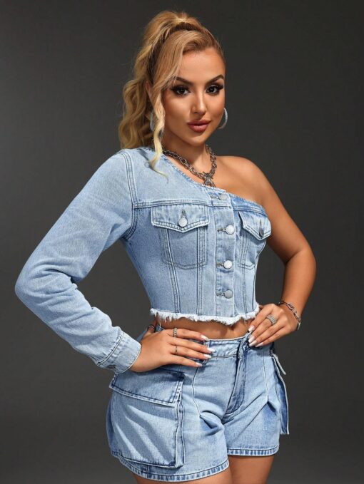 SHEIN SXY One Shoulder Denim Jacket, Frayed Edge & Pocket Design - Image 3