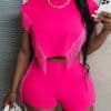 SHEIN Slayr Casual Basic Beach Holiday Round Neck Fringed Short Sleeve T-Shirt & Fringed Shorts Set