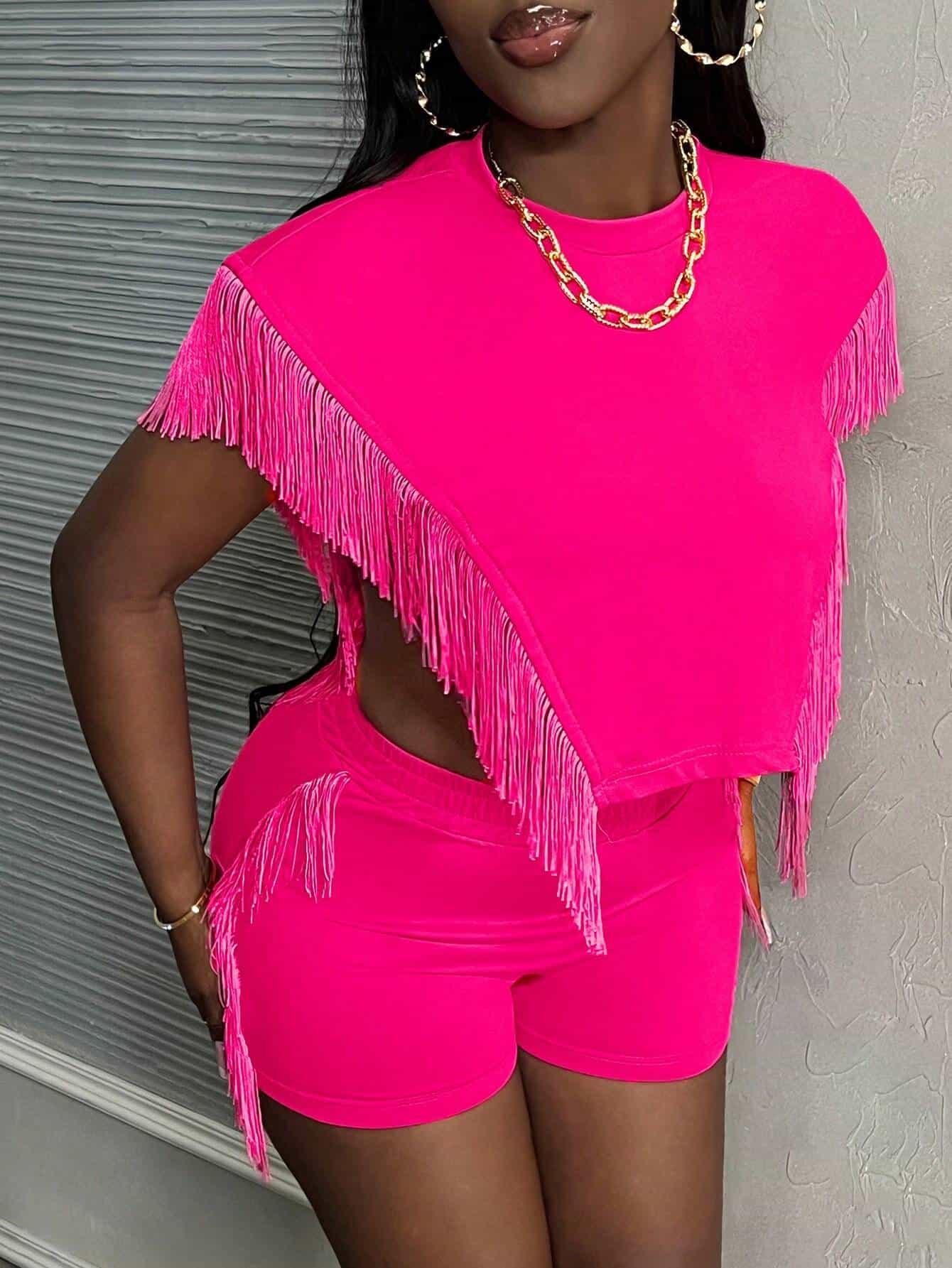 SHEIN Slayr Casual Basic Beach Holiday Round Neck Fringed Short Sleeve T-Shirt & Fringed Shorts Set - Image 4