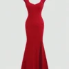 SHEIN Unity Women's Summer Solid Color Sweetheart Collar High Slit Fishtail Hem Fitted Elegant Dress