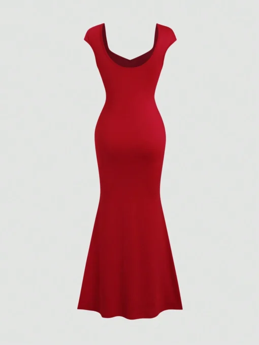 SHEIN Unity Women's Summer Solid Color Sweetheart Collar High Slit Fishtail Hem Fitted Elegant Dress - Image 2