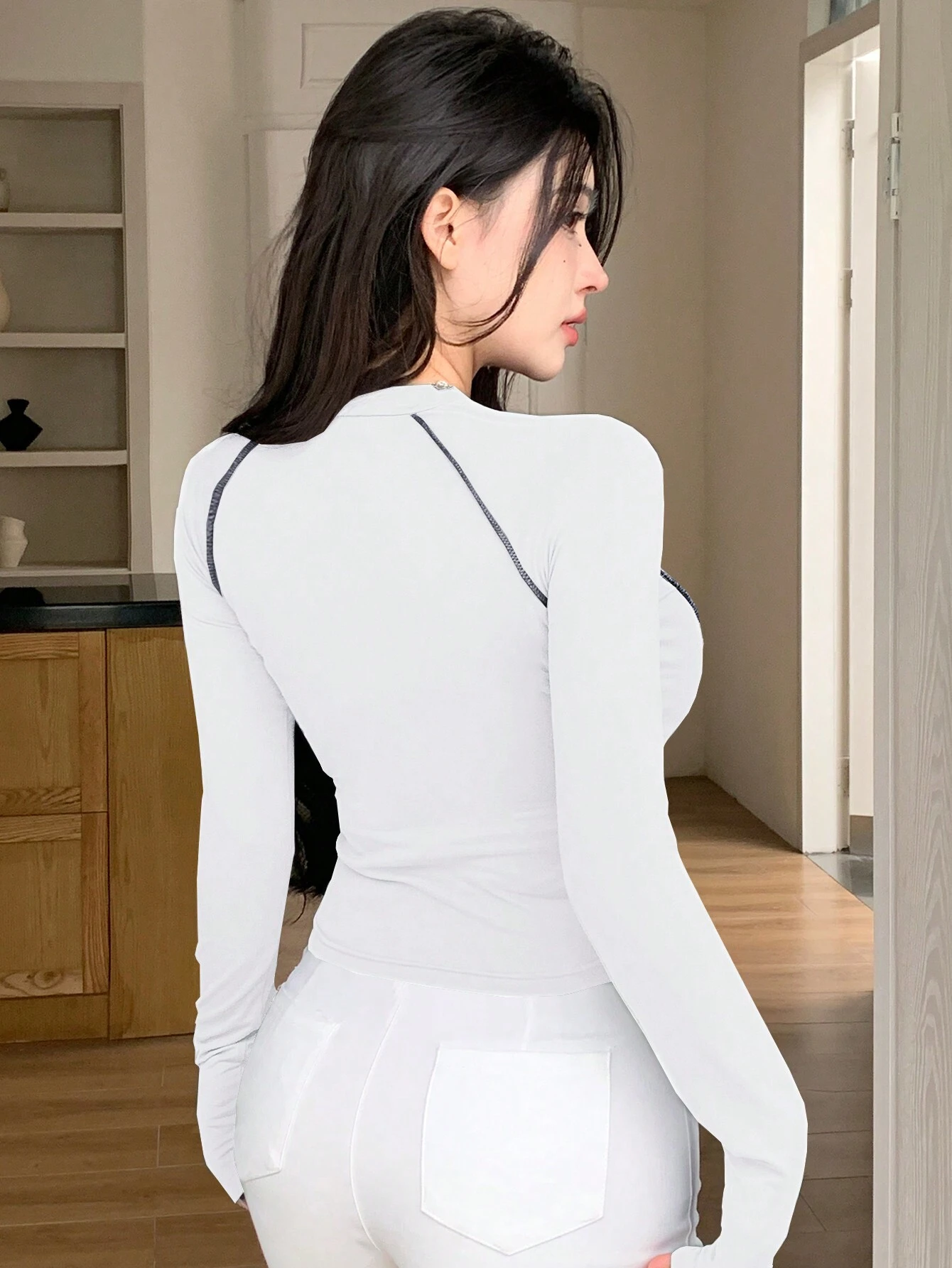 SHEIN DAZY Women's Letter Print Striped Decor Half Zip Mock Neck Slim Fitted Long Sleeve T-Shirt - Image 4