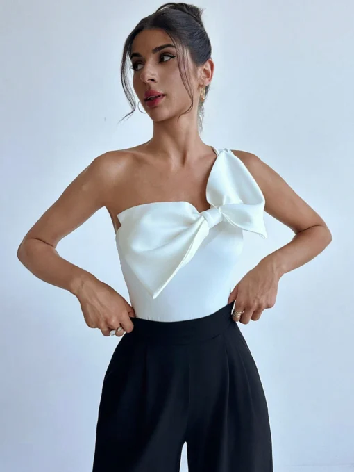 SHEIN Firerie Women's Elegant One Shoulder Bodysuit With Bowknot