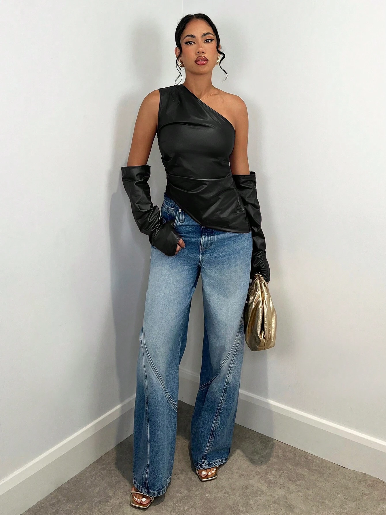 SHEIN BAE Women Fashion Asymmetric Sleeveless Top With Arm Sleeves Set