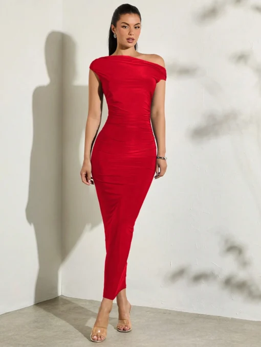 BAE Women's Solid Color Asymmetric Oblique-Shoulder DRESS
