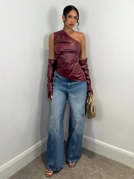 SHEIN BAE Women's Solid Color Pleated Asymmetric Hem Sleeveless Blouse & Arm - Image 3