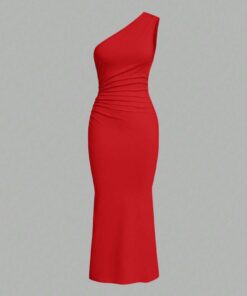 SHEIN EZwear Solid Color Spaghetti Strap Ruffled Fishtail Dress, Bodycon
