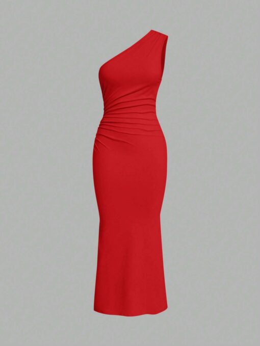 SHEIN EZwear Solid Color Spaghetti Strap Ruffled Fishtail Dress, Bodycon