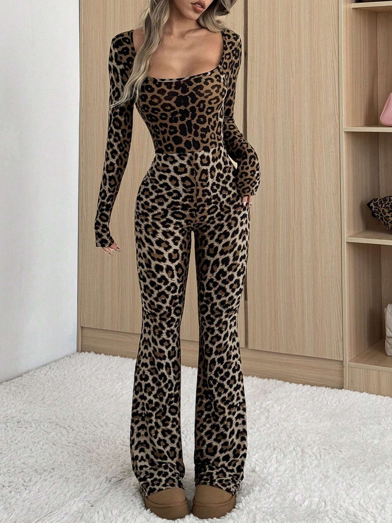 SHEIN EZwear Women s Autumn Leopard Print Square Neck Long Sleeve Flared Fashion Jumpsuit Pink Shop