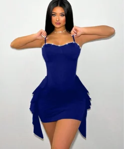 SHEIN SXY Summer Ruffle Trim & Rhinestone Decor Bodycon Mini Dress With Shoulder Straps