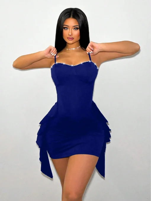 SHEIN SXY Summer Ruffle Trim & Rhinestone Decor Bodycon Mini Dress With Shoulder Straps