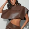 SHEIN Haute Solid Asymmetric Collar PU Poncho Top