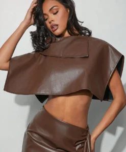 SHEIN Haute Solid Asymmetric Collar PU Poncho Top