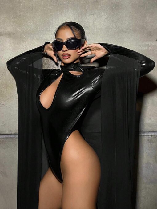 SHEIN ICON Stand Collar Hollow Bust Mesh Patchwork Goth Tight Bodysuit - Image 5