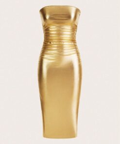 SHEIN ICON Thigh-Slit PU Leather Bandeau Bodycon Long Dress
