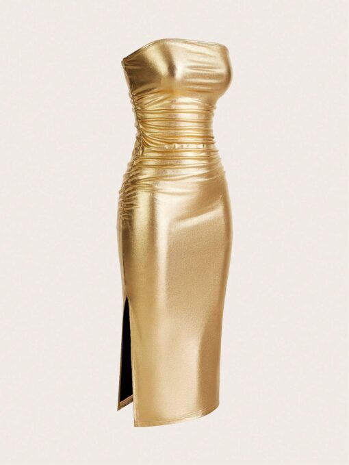 SHEIN ICON Thigh-Slit PU Leather Bandeau Bodycon Long Dress - Image 3