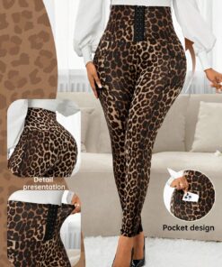 SHEIN Lady Women's Leopard Print Knit Front Zip Skinny Pants, Casual Wear For Autumn & Winter