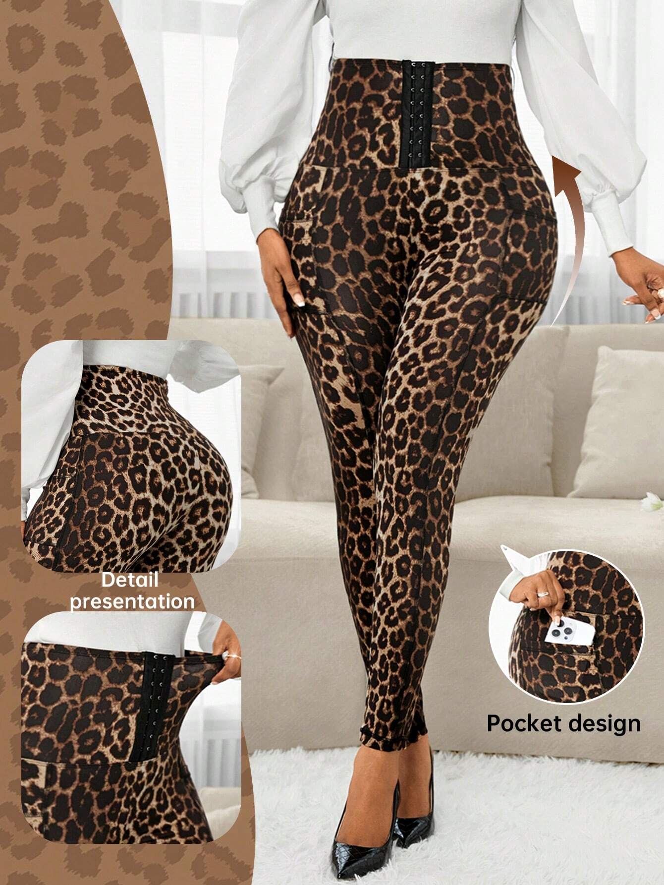 SHEIN Lady Women's Leopard Print Knit Front Zip Skinny Pants, Casual Wear For Autumn & Winter