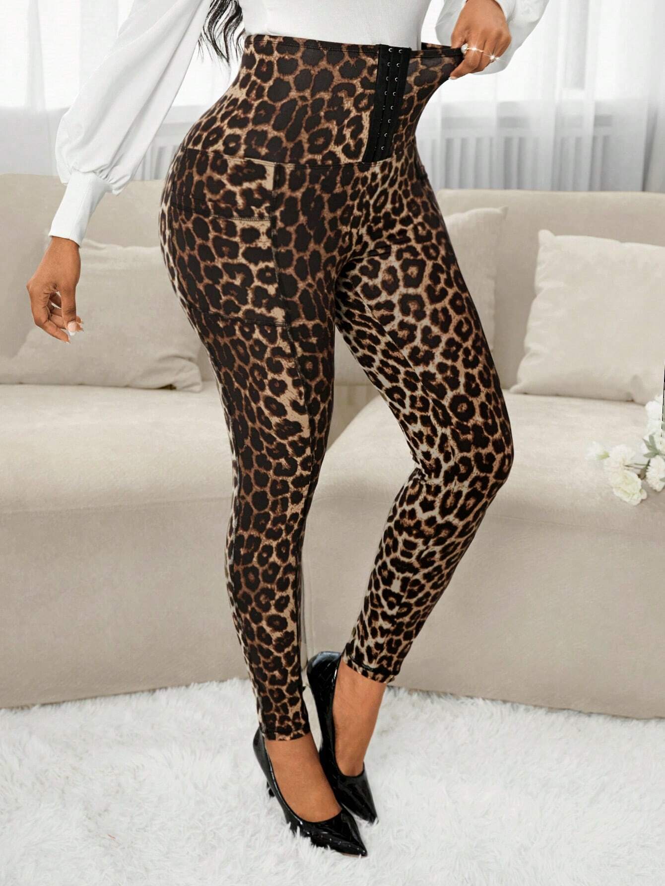 SHEIN Lady Women's Leopard Print Knit Front Zip Skinny Pants, Casual Wear For Autumn & Winter - Image 3