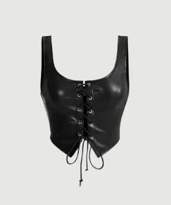 SHEIN MOD Black Crossed Frenulum Lace Up Front PU Leather Tank Top