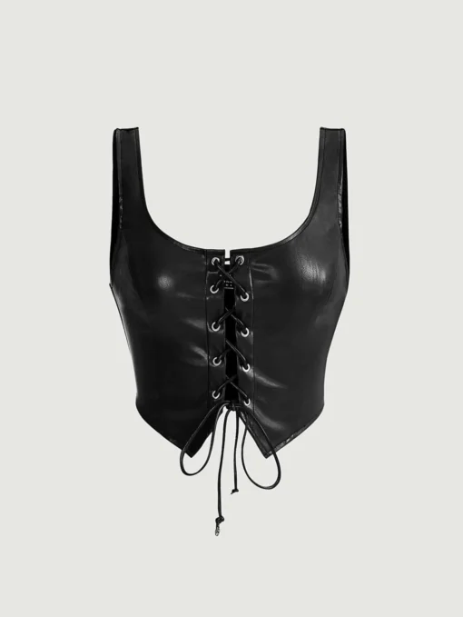 SHEIN MOD Black Crossed Frenulum Lace Up Front PU Leather Tank Top