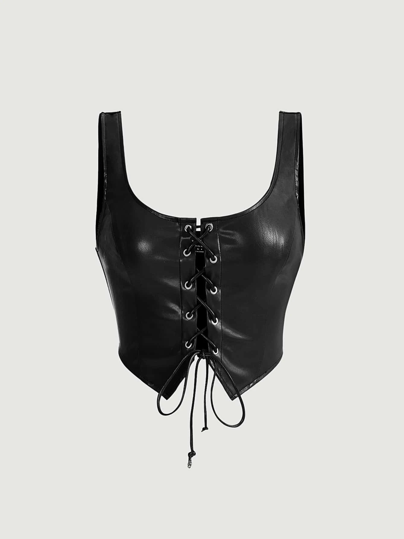 SHEIN MOD Black Crossed Frenulum Lace Up Front PU Leather Tank Top