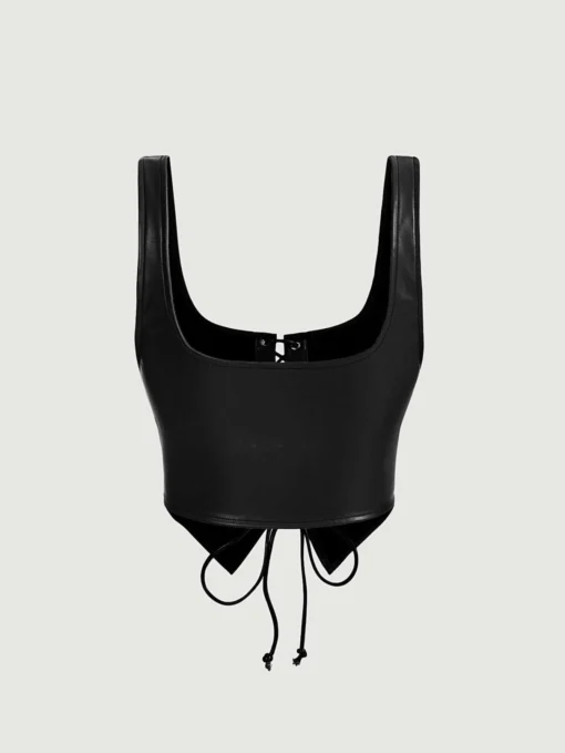 SHEIN MOD Black Crossed Frenulum Lace Up Front PU Leather Tank Top - Image 2