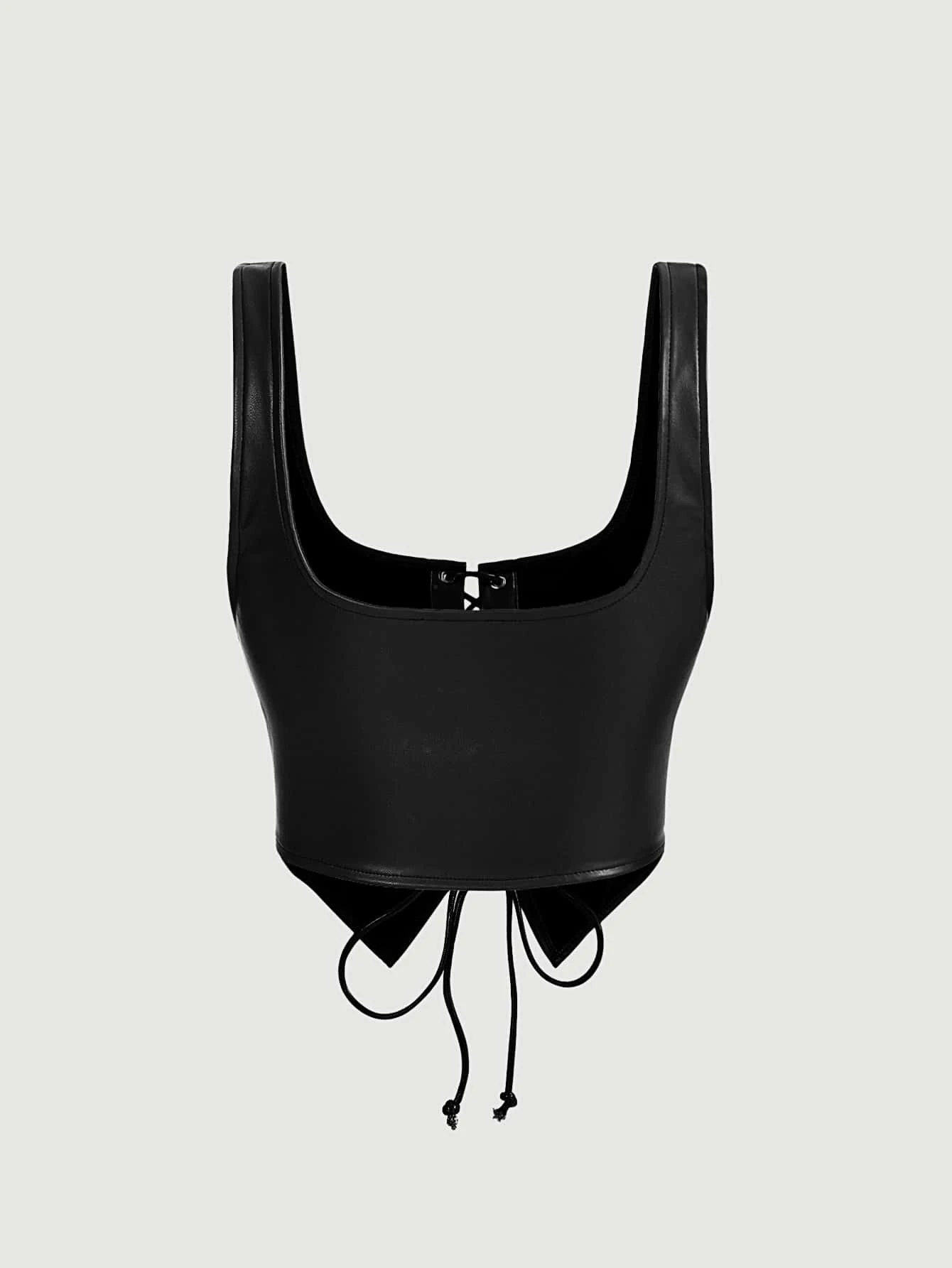 SHEIN MOD Black Crossed Frenulum Lace Up Front PU Leather Tank Top - Image 2
