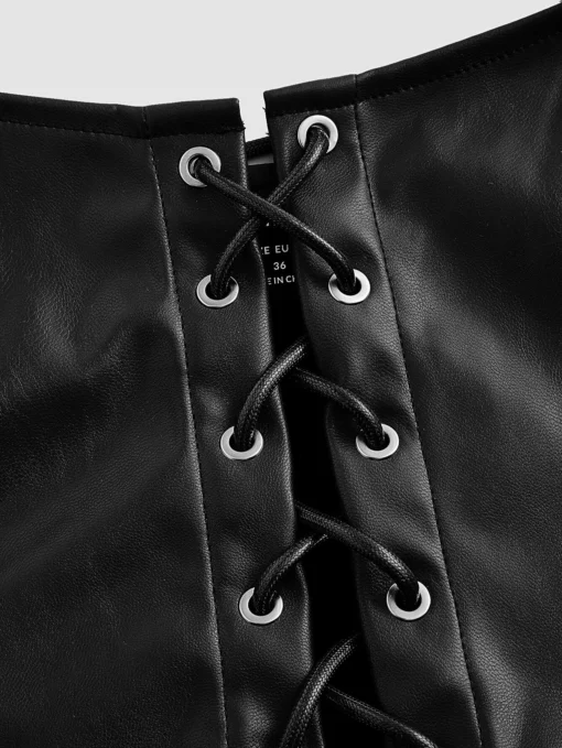SHEIN MOD Black Crossed Frenulum Lace Up Front PU Leather Tank Top - Image 3