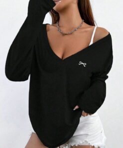 SHEIN MOOSTA Casual Bowknot V-Neck Long Sleeve T-Shirt, Autumn