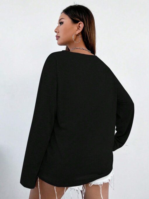 SHEIN MOOSTA Casual Bowknot V-Neck Long Sleeve T-Shirt, Autumn - Image 2