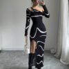 SHEIN Privé Women's Off Shoulder Fitted Elegant Abstract Graffiti Print Asymmetric Long Sleeve Split Hem Dress