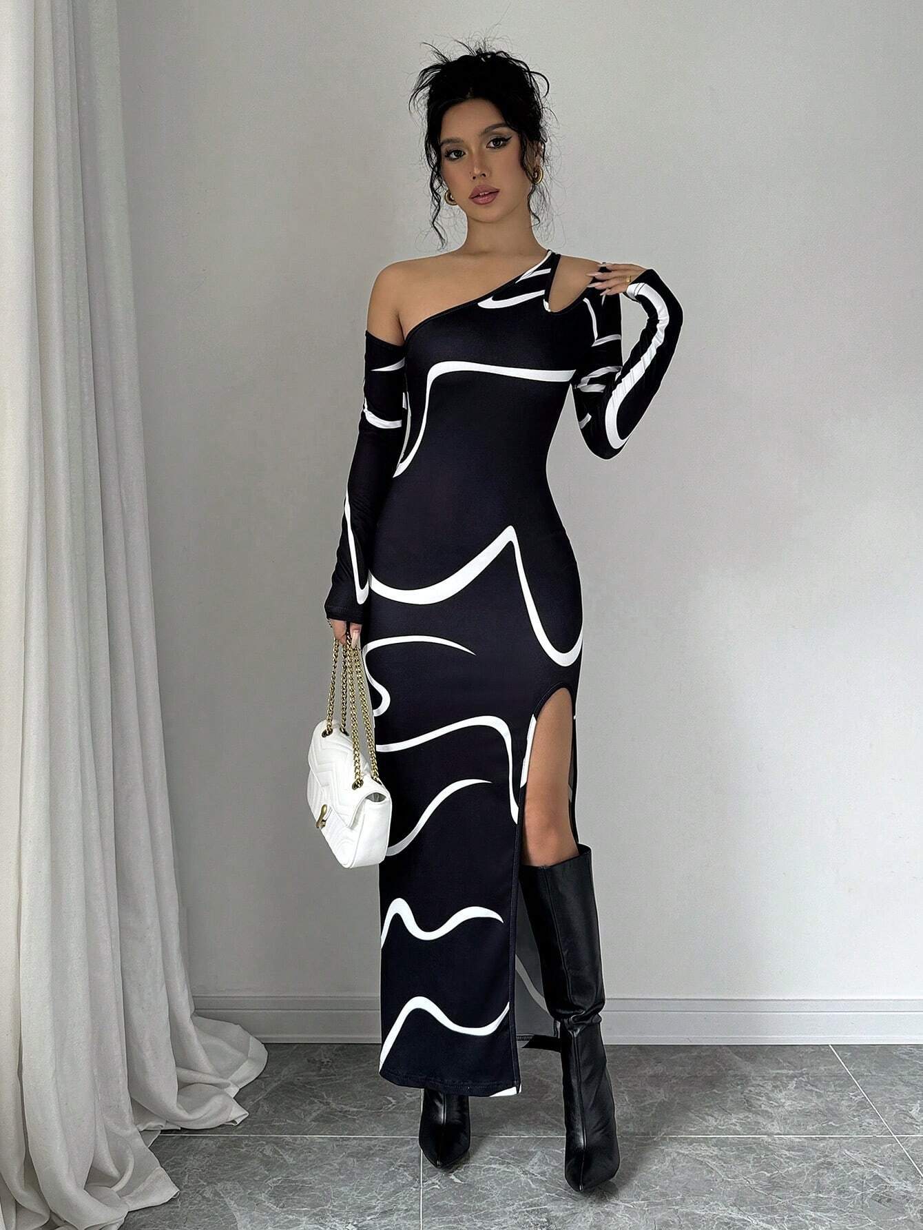SHEIN Privé Women's Off Shoulder Fitted Elegant Abstract Graffiti Print Asymmetric Long Sleeve Split Hem Dress - Image 4