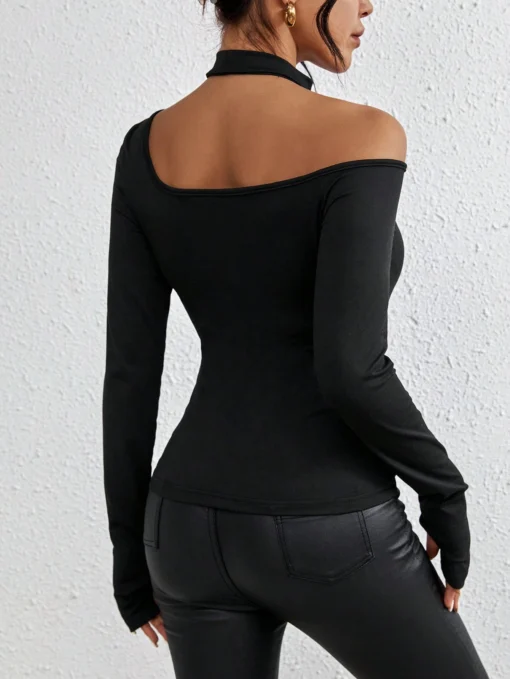 SHEIN Raffinéa Solid Color Asymmetrical Neckline Slim Fit T-shirt - Image 2